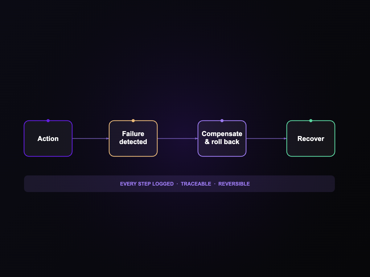 FIRST AI-D recovery flow: Action, Failure detected, Compensate and roll back, Recover
